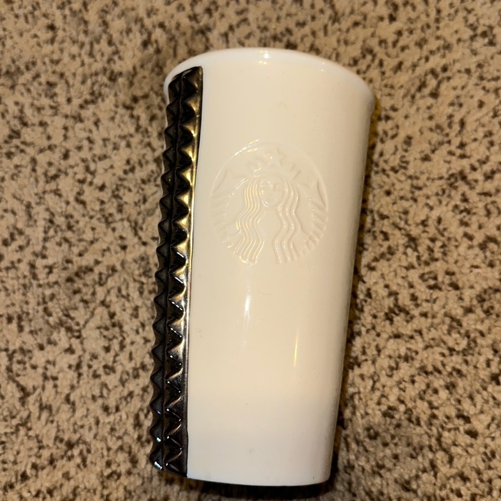 Starbucks Tall Porcelain 10 oz Coffee Mug w/Mermaid/raised silver decoration